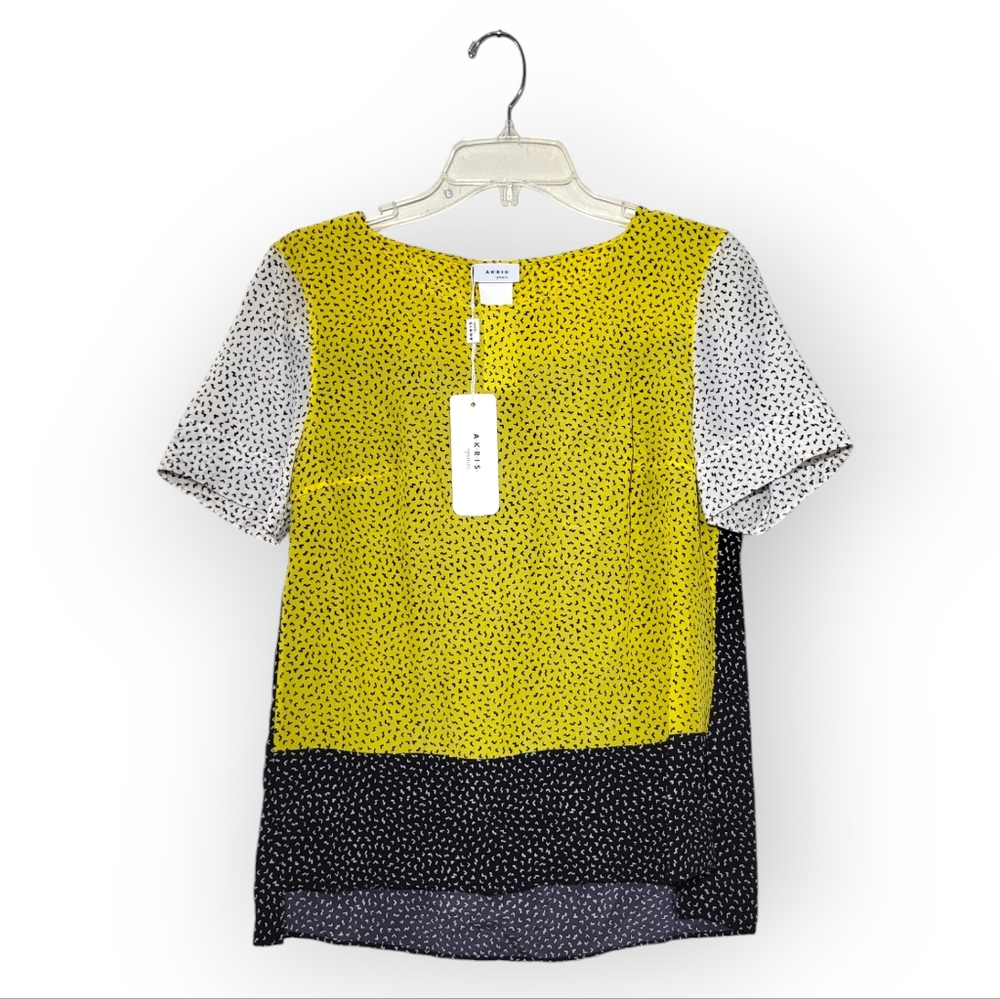 AKRIS PUNTO Silk Memphis Pattern Short-Sleeve Blouse Colorblock Yellow Black 6